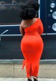 Plus Size Orange One Shoulder Single Sleeve Slit Maxi Dress