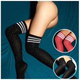 Black Over-knee Beaded Striped Cotton Elasticated Long Socks