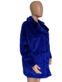 Blue Fleece Turndown Collar Long Sleeve Overcoat with Pocket