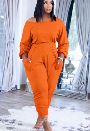 Orange Long Sleeves Stacked Blouson Jumpsuit with Pockets