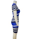 Blue Striped O-Neck Short Sleeves Midi Dress
