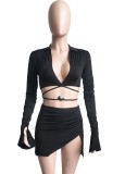 Black V-Neck Flare Sleeve Crop Top and Irregular Mini Skirt 2PCS Set