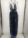 Sequins Black Mesh V-Neck Halter Cami Maxi Dress