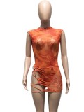 Orange Print Mesh Sleeveless Round Neck Bodysuit and Lace Up Mini Skirt 2PCS Set