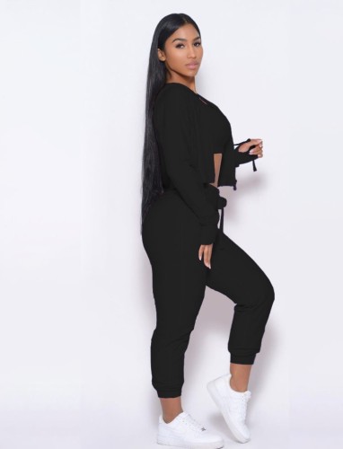 Black Cami Crop Top and Zip Hoody Top with Drawstring Pants 3PCS Set