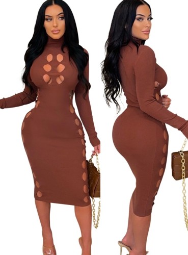 Brown Hollow Out High Neck Long Sleeve Skinny Midi Dress