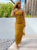 Yellow One Shoulder Sleeveless Cami Ruched Maxi Dress