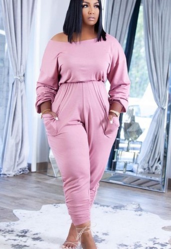 Pink Long Sleeves Stacked Blouson Jumpsuit with Pockets