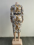 Plus Size Print White Long Sleeves O-Neck Long Dress with Belt