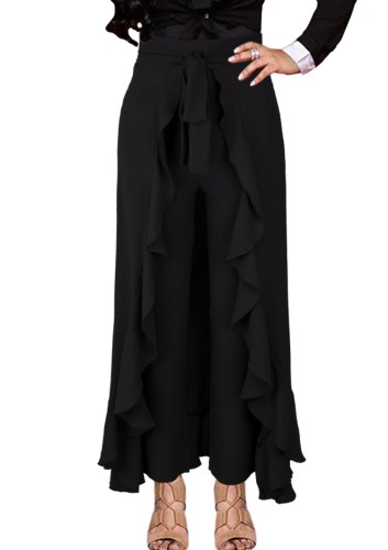 Black High Waist Irregular Ruffles Long Skirt with Belt