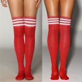 Red Over-knee Beaded Striped Cotton Elasticated Long Socks