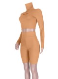 Khaki High Neck Long Sleeves Top and High Waist Shorts 2PCS Set