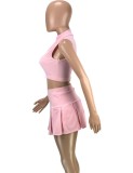 Pink Zip Up Midi Neck Sleeveless Crop Top and A-Line Skirt 2PCS Set