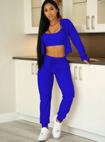 Blue Cami Crop Top and Zip Hoody Top with Drawstring Pants 3PCS Set