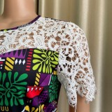 Multicolor Print White Lace Short Sleeves O-Neck Midi Dress