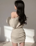 Beige Ribbed V-Neck Drop Shoulder Long Sleeve Mini Dress