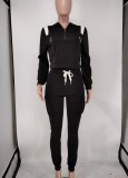 Black Zipper Long Sleeve Hoody Top and Sweatpants with Pocket 2PCS Set