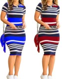 Blue Striped O-Neck Short Sleeves Midi Dress