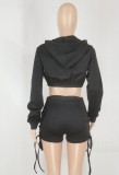 Black Long Sleeve Drawstring Hoody Crop Top and Lace Up Shorts 2PCS Set