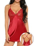 Red Lace Silk Chemise with G-String Pajama Valentine Lingerie