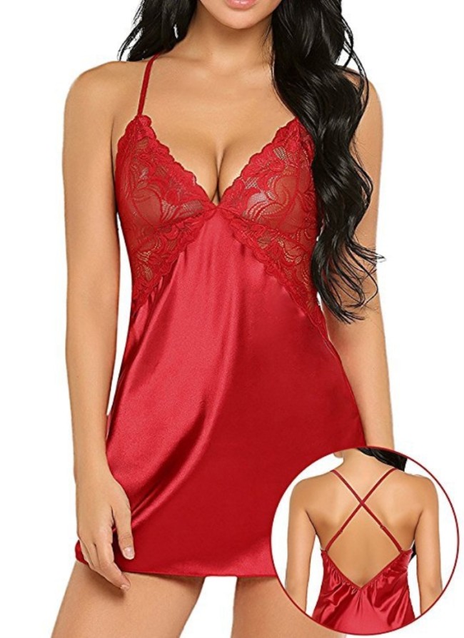 Red Lace Silk Chemise with G-String Pajama Valentine Lingerie
