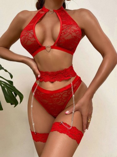 Red Lace Heart-Ring Chains Garter Lingerie 3PCS Set