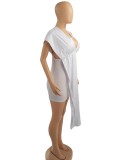 White Deep-V Single Sleeve Shirring Mini Dress