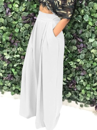 White High Waist Wide Legges Trousers with Pocket