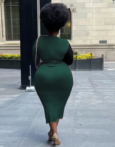 Plus Size Contrast Color O-Neck Long Sleeves Slim Fit Midi Dress
