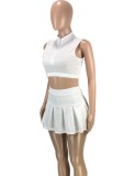 White Zip Up Midi Neck Sleeveless Crop Top and A-Line Skirt 2PCS Set