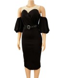 White Mesh Patched Black O-Neck Puffed Sleeve Midi Dress with Belt