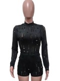 Black Hollow Out High Neck Long Sleeve Tight Top and Shorts 2PCS Sets