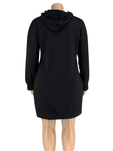 Plus Size Letter Print Black Long Sleeve Hoody Mini Sweatshirt Dress