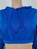 Blue Long Sleeve Drawstring Hoody Crop Top and Lace Up Shorts 2PCS Set