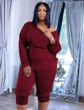 Wine Long Sleeves Stacked Blouson Jumpsuit with Pockets