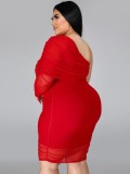 Plus Size Red One Shoulder Single Sleeve Skinny Mini Dress