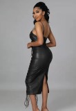 Black Faux PU Leather Lace Up Cami Slit Tight Midi Dress