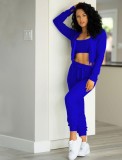 Blue Cami Crop Top and Zip Hoody Top with Drawstring Pants 3PCS Set