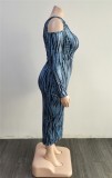 Plus Size Print One Shoulder Single Sleeve Cut Out Long Dress