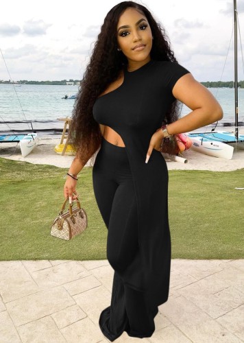 Black O-Neck Single Short Sleeve Irregular Long Top And Pant 2PCS Sets