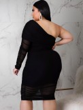 Plus Size Black Mesh See Through One Shoulder Single Sleeve Midi Dress