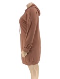 Plus Size Letter Print Brown Long Sleeve Hoody Mini Sweatshirt Dress
