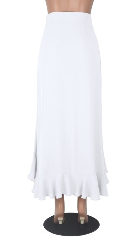White High Waist Irregular Ruffles Long Skirt with Belt