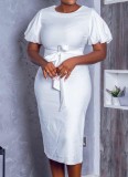 White O-Neck Puffed Short Sleeve Slim Fit Midi Dress with Belt