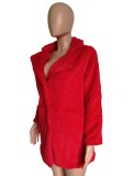 Red Fleece Turndown Collar Long Sleeve Overcoat with Pocket