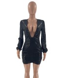 Black Sequins Plunge Neck Long Sleeve Skinny Mini Dress