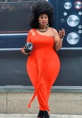 Plus Size Orange One Shoulder Single Sleeve Slit Maxi Dress