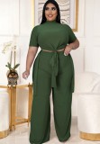 Plus Size Green High Neck Short Sleeve Long Top And Wide Pant 2PCS Set