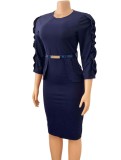Blue O-Neck 3/4 Sleeve Ruffles Bodycon Office Dress with Belt