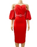White Mesh Patched Red O-Neck Puffed Sleeve Midi Dress with Belt